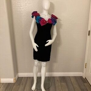 Vintage Cliche 1980's Black Faux Velvet Jeweled Bows Party Dress Size 9 Junior
